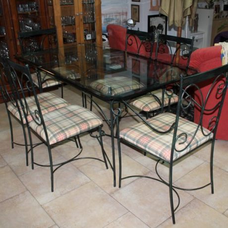 CK17031N Dining Set Wrought Iron Framed Glass Top Table 84cm High 170cm Long 90cm Wide Two Matching Wrought Iron Framed Carvers Four Matching Wrought Iron Framed Chairs 349 rutod