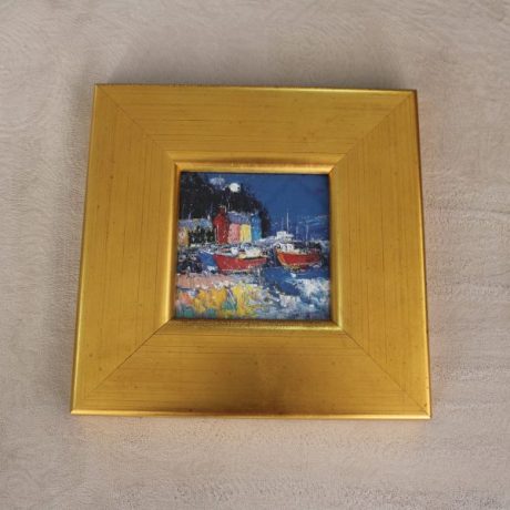 CK14111N Framed Oil Painting On Canvas By John Lowrie Morrison DA Moon Raise And Fishing Boats Tobermory 24cm x 24cm 28 euros