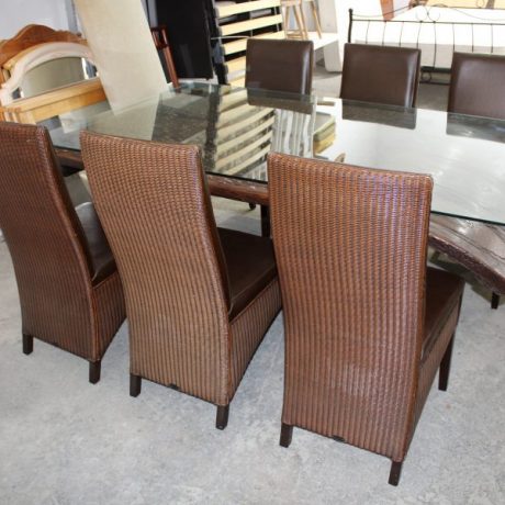 CK17040ST Dining Set Hand Made Table From An Old Wheat Plow Glass Top Railway Sleepers For Legs Six Matching High Backed Rattan Chairs Leather Cushoned Seats 999