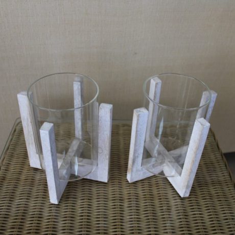 CK13027N Two Matching Candle Holders Wooden Stands Glass Tubular Vases 15cm High 11cm Diameter 6euros