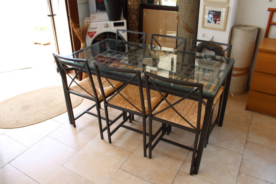 CK23001N Patio Dining Set Metal Framed Glass Top Table 76cm High 78cm Wide 146cm Long Six Matching Metal Framed Wicker Seats Chairs 199 euros