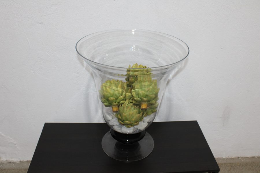 CK05043N Artifical Artichotes Within A Large Hurricane Glass Vase Over A Bed Of White River Stones 49cm High 38 euros