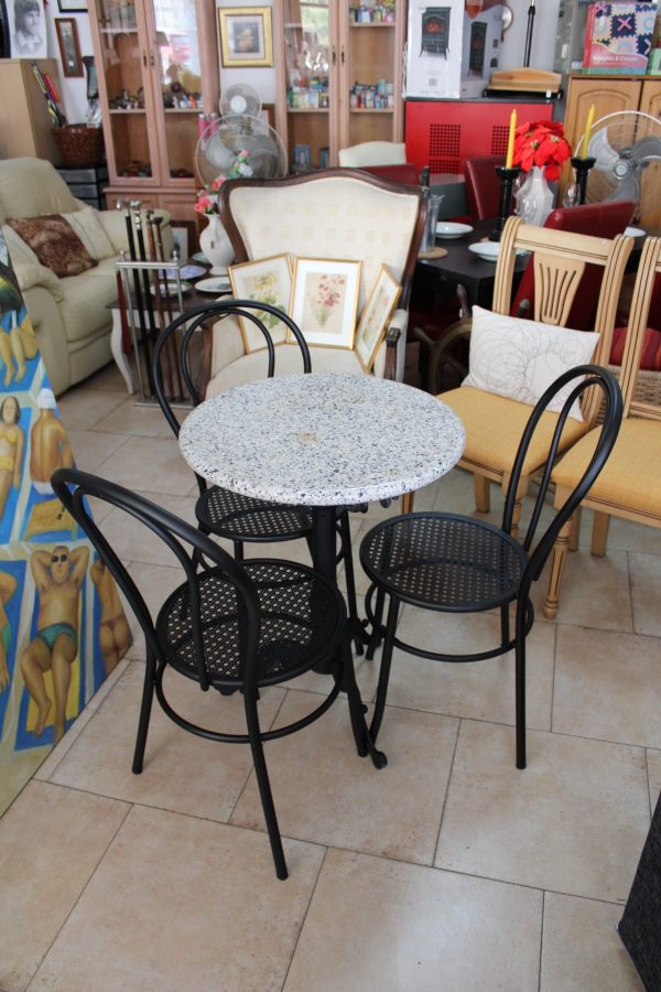 CK17047N Bistro Set Metal Framed Marble Top Table 59cm Diameter 77cm High Three Matching Metal Chairs 125 euros